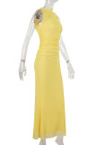 Yellow Elegant Solid Color Patchwork Mesh O Neck Long Dresses