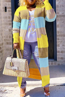 Yellow Casual Colorblock Pocket Patchwork Cardigan Collar Outerwear