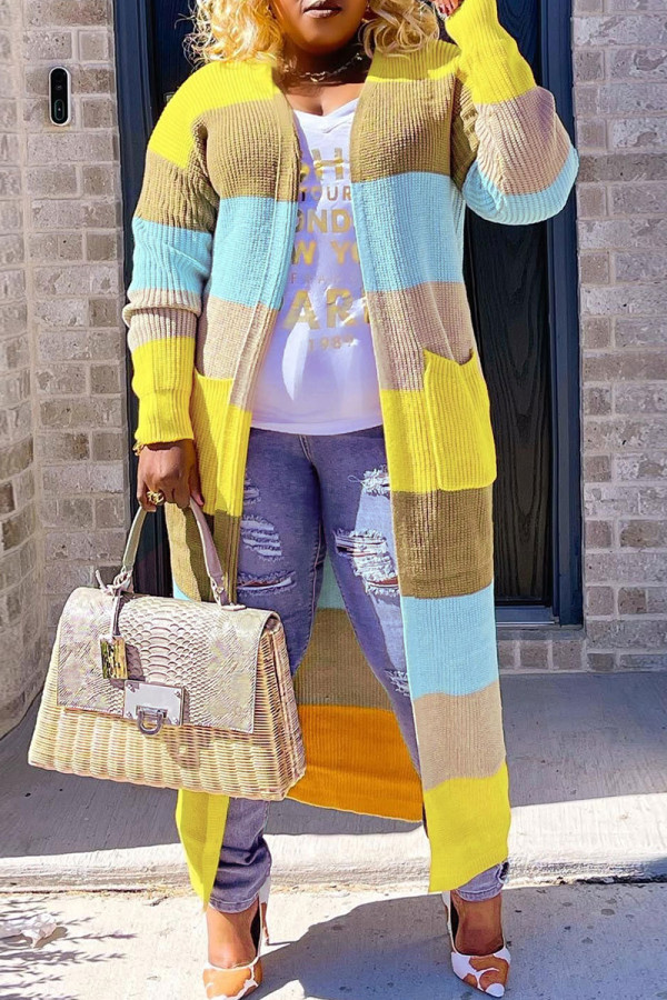 Yellow Casual Colorblock Pocket Patchwork Cardigan Collar Outerwear