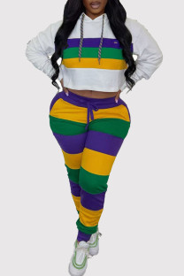White Casual Colorblock Draw String Patchwork Hooded Long Sleeve Two Pieces