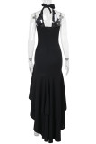 Black Elegant Solid Color Patchwork Backless Ruffled Trim Halter Irregular Dresses