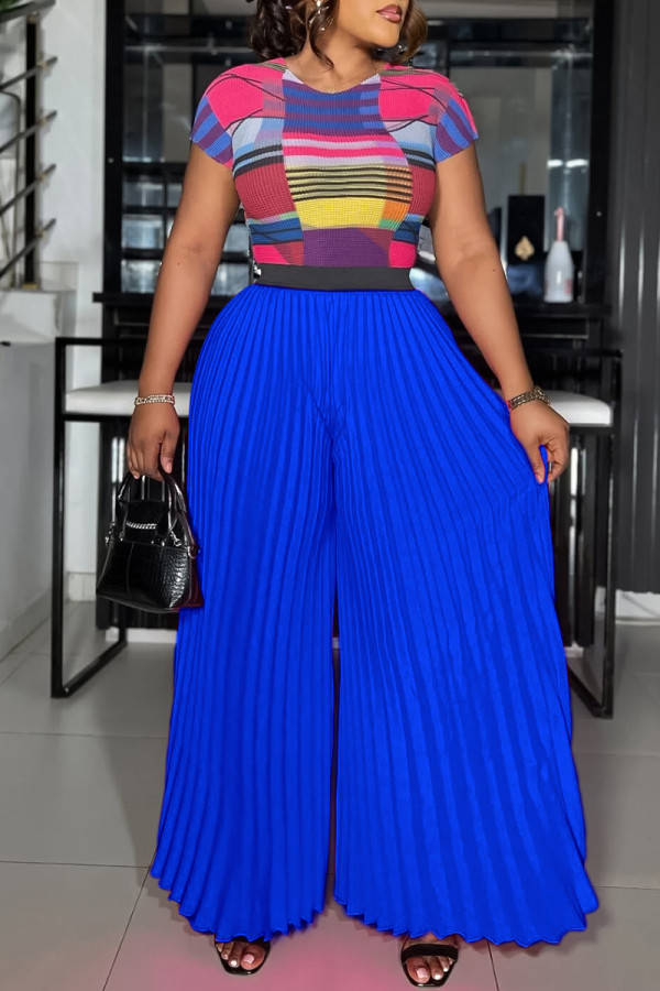 Royal Blue Sexy Print Patchwork Pleated O Neck Short Sleeve Two Pieces