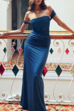 Blue Elegant Solid Color Lace Patchwork Backless Halter Long Dresses