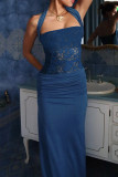 Blue Elegant Solid Color Lace Patchwork Backless Halter Long Dresses