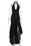 Black Elegant Solid Color Patchwork Backless Ruffled Trim Halter Irregular Dresses