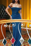 Blue Elegant Solid Color Lace Patchwork Backless Halter Long Dresses
