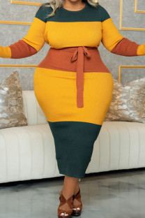 Multicolor Casual Colorblock Patchwork Strap Design O Neck Wrapped Skirt Plus Size Dresses