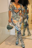 Blue Casual Print Patchwork Halter Short Sleeve Two Pieces