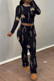 Powder Blue Casual Print Patchwork O Neck Long Sleeve Two Pieces