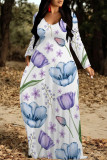 Blue Purple Elegant Floral Print Pocket Contrast V Neck Printed Dresses