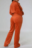 Orange Casual Solid Color Pocket Patchwork Zipper Zipper Collar Long Sleeve Two Pieces