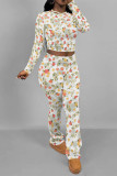 Apricot Casual Street Floral Print Tie Dye Contrast O Neck Long Sleeve Two Pieces