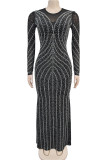Black Elegant Patchwork Hot Drill Zipper O Neck Long Dresses