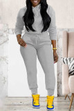 Grey Casual Solid Color Draw String Pocket Patchwork Hooded Long Sleeve Two Pieces