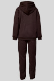 Coffee Casual Solid Color Pocket Patchwork Hooded Long Sleeve Two Pieces