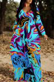 Blue Purple Elegant Floral Print Pocket Contrast V Neck Printed Dresses