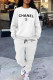 White Casual Street Letter Print Draw String Pocket O Neck Long Sleeve Two Pieces