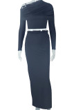 Black Casual Solid Color Patchwork Oblique Collar Long Sleeve Two Pieces