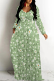 Black Green Elegant Floral Print Tie Dye Pocket Contrast V Neck Printed Dresses