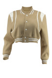 Khaki Casual Buckle Patchwork Contrast Baseball Collar Outerwear