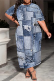 Multicolor Casual Street Faux Denim Print Pocket O Neck Printed Plus Size Dresses