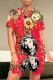 Red Casual Street Animal Print Gradient Color Letters Contrast O Neck Short Sleeve Two Pieces