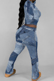 Powder Blue Casual Print Patchwork O Neck Long Sleeve Two Pieces