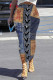 Dark Blue Casual Street Faux Denim Print Contrast Skinny High Waist Full Print Bottoms