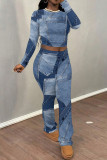 Powder Blue Casual Print Patchwork O Neck Long Sleeve Two Pieces