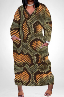 Snake Print Casual Snakeskin Print Leopard Pocket Contrast V Neck Printed Plus Size Dresses