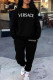 Black Casual Daily Letter Print Draw String Pocket O Neck Long Sleeve Two Pieces