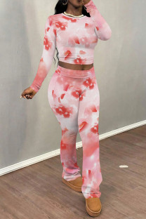 Red Casual Street Floral Print Tie Dye Contrast O Neck Long Sleeve Two Pieces