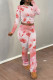 Red Casual Street Floral Print Tie Dye Contrast O Neck Long Sleeve Two Pieces