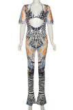 Blue Casual Print Patchwork Halter Short Sleeve Two Pieces