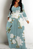 Black Green Elegant Floral Print Tie Dye Pocket Contrast V Neck Printed Dresses