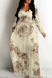 Blue Purple Elegant Floral Print Pocket Contrast V Neck Printed Dresses