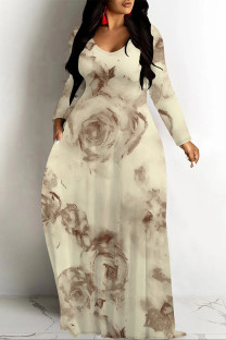 Apricot Elegant Floral Print Pocket Contrast V Neck Printed Dresses