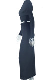 Black Casual Solid Color Patchwork Oblique Collar Long Sleeve Two Pieces