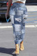 Baby Blue Casual Street Faux Denim Print Contrast Skinny High Waist Full Print Bottoms