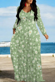 Black Green Elegant Floral Print Tie Dye Pocket Contrast V Neck Printed Dresses