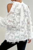 White Casual Solid Color Fringed Trim Patchwork See-Through Strap Design O Neck Tops