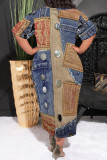 Multicolor Casual Street Faux Denim Print Pocket O Neck Printed Plus Size Dresses