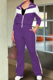 Blue Casual Pocket Patchwork Zipper Contrast Zipper Collar Long Sleeve Two Pieces