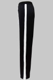 Black Casual Draw String Patchwork Contrast Loose Mid Waist Conventional Patchwork Bottoms