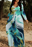 Black Green Elegant Floral Print Tie Dye Pocket Contrast V Neck Printed Dresses
