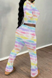 Powder Blue Casual Print Patchwork O Neck Long Sleeve Two Pieces