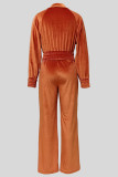 Orange Casual Solid Color Pocket Patchwork Zipper Zipper Collar Long Sleeve Two Pieces