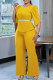 Yellow Casual Solid Color Patchwork With Belt O Neck Half Sleeve Two Pieces