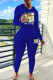 Blue Casual Print Draw String Patchwork Hooded Long Sleeve Two Pieces