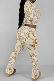 Apricot Casual Street Floral Print Tie Dye Contrast O Neck Long Sleeve Two Pieces